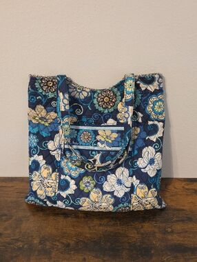 Vera Bradley Navy Floral Quilted Tote with Teal & Cream Accents
